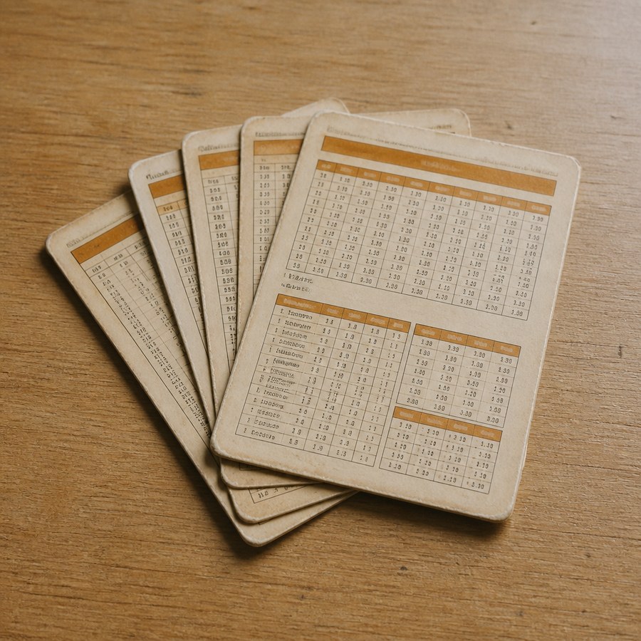 A fanned stack of printed reference cards on a wooden table, carrying the canning, altitude, brine and cellar tables from the handbook